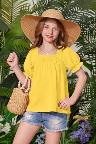 Image of BesserBay Girls Summer Puff Short Sleeve Square Neck Tee Shirts Ruffle Smocked Blouses Cute Swiss Dot Tops 5-14 Years