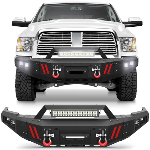LONGSUN Front Bumper Fit for Dodge Ram 2500 3500 2010-2018, Pickup Truck Bumper Black with Winch Plate, D-ring and Lights (Compatible with Dodge Ram 2500/3500 2010 2012 2013 2014 2015 2016 2017 2018)
