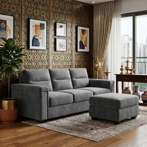 Image of FURNY Parker 3 Seater Sofa Set with Ottoman | Premium Suede Velvet Fabric Finish | Durable Comfort Sofa for Modern Living Room & Office Spaces (Dark Gray)