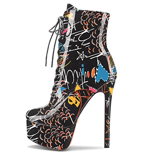 Image of Aachcol Women Ankle Boots Short Bootie Platform Stiletto High Heel Round Toe Dress Shoes Lace-up Patent 6.5 Inch