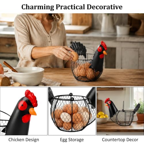 Chicken Egg Basket, Rooster-Shaped Metal Wire Egg Collecting Basket with Handle, Rustic Farmhouse Countertop Holder for Eggs, Fruit & Kitchen Decor Gift for Eggs Lovers (Black) by QEMORVALIX - Used condition - Image 3