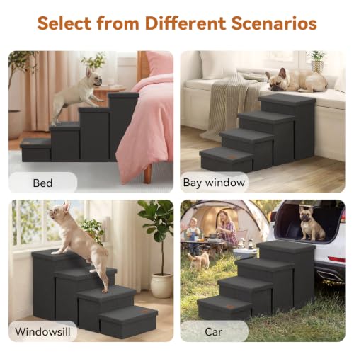 Image of Zerbuger Dog Stairs with Storage, Dark Grey 4 Steps Dog Ramp no Condo | 23 inch H Wider Dog Steps for High Beds Couch, Folding Storage Pet Stairs Gift for Climbing Small /Medium /Large Old Dogs Cats