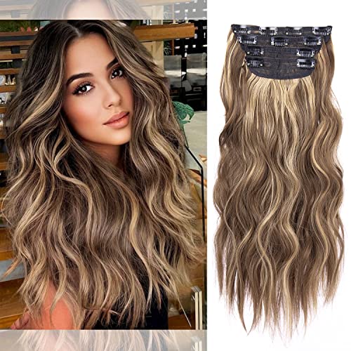 20 Inches Brown Clip in Hair Extensions, 4Pcs Synthetic Clip in Hair Extensions, Wavy Long Hair Extensions Clip in, Natural Thick Hair Extensions (Brown Mixed Blonde, 4Pcs)