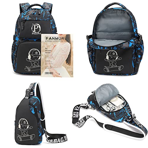 Pawsky Mochila escolar para meninos mochila para laptop de 14 polegadas com porta de carregamento US