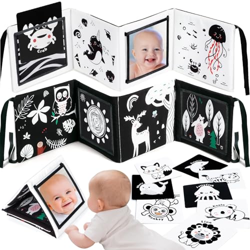 Image of URMYWO Tummy Time Mirror Toys, Visual Stimulation Learning Cards, High Contrast Black and White Baby Toys for Newborn, Soft Baby Book for infant 0-12 Months, Baby Boy Girl Shower Gift Stocking Stuffer
