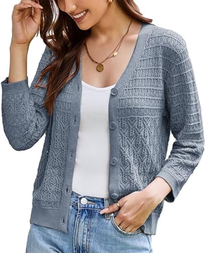 GRACE KARIN 2025 Women's 3/4 Sleeve Crochet Knit Button Down Cardigan Cropped Shrug Bolero Lightweight Sweaters Tops