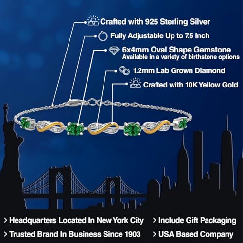 Infinity Bracelet For Women | 925 Silver & 10K Yellow Gold | Gemstone Birthstone and Accent Lab Grown Diamond | Oval 6X4MM | Round 1.2MM | Elegant Two-Tone Fine Jewelry | Adjustable Up to 9 Inch2