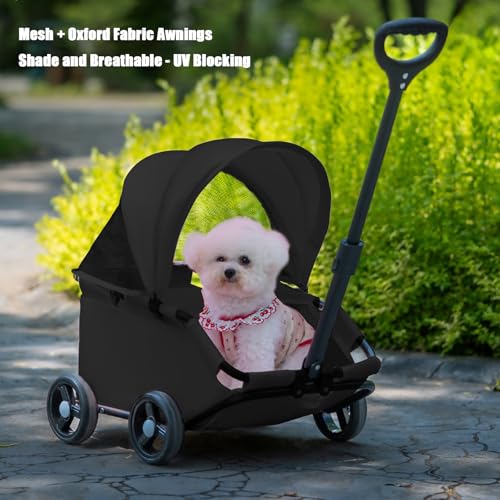 Klappbarer Mini-Hundewagen für Mini-Haustiere,Multifunktionaler Klappbarer Tierwagen mit Sonnenschutz Teleskopgriff,Doggie Wagon mit 4er 360°Drehrädern Inkl,für kleine Hunde Katzen bis 10kg(Schwarz)