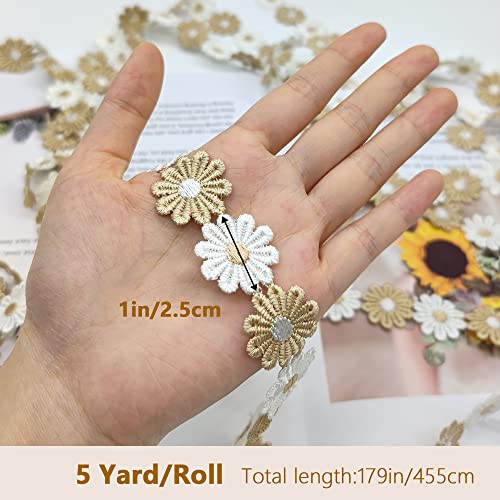 XCSJ 5 Orchards 2.5 cm Applique Sewing Edges Flower Embroidery Lace Ribbon Lace Fabric Daisy Polyester Flower Ribbon Appliques for Hair Band Clothes (Apricot) - Image 2