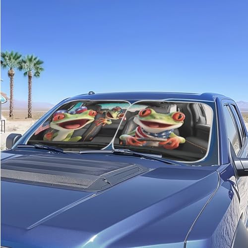 Image of Frog Driving Car Windshield Sun Shade Independence Day Front Windshield Shade for Sun 2-Piece Independence Day Foldable Car Windshield Sun Shade Automotive Protector