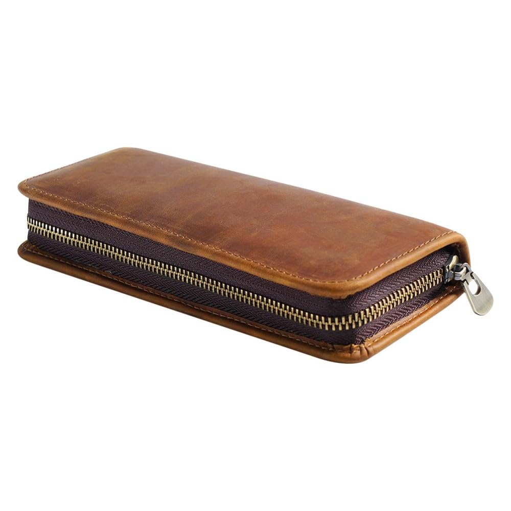 DONGKER Lederen etui, vintage etui, pennenetui, retro pennenetui met 4 pennenlussen en ritssluiting voor balpen, vulpen, penseel enz., zwart, 20 x 5,5 cm