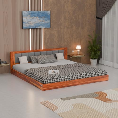 Image of Solid Wood Low Floor Bed with Upholstered Headboard | Modern Platform Bed Frame for Bedroom | Strong & Durable Wooden Bed with Cushion Backrest (Honey Finish)