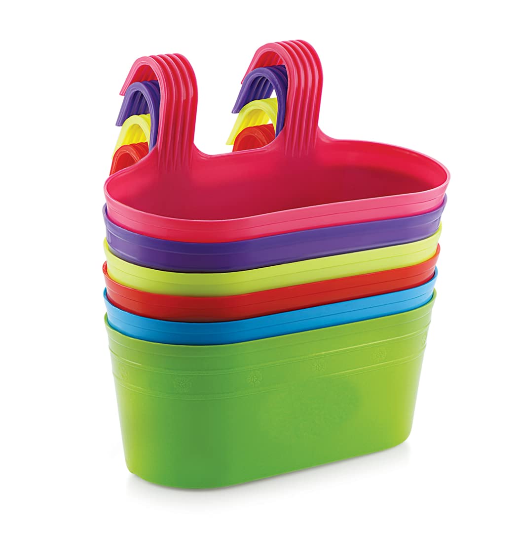 SHOPATHON INDIA Double Strong Hook Window Balcony Home Staircase Terrace Garden Railing Hook Hanging Plastic Multicolour Flower Pot Set - Grand 11.5 Inch Wide - Pack of 6 Planters (B0971PBVDN) Amazon Price History, Amazon Price Tracker