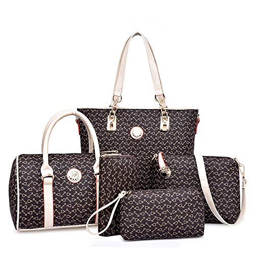 Women Handbags Set 6 PCS Tote Shoulder Crossbody Bags Clutch Top Handle Satchel Purse, Coffee, 1