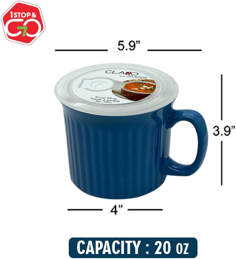1 Stop & Go Claro 20-Ounce Soup/Meal Mug with Vented Plastic Lid (Cover) - Set of 2 - Durable, Stylish & Perfect for Soup, Coffee, Tea, Chili, Oatmeal, Hot Cocoa, and Baking (Blue)