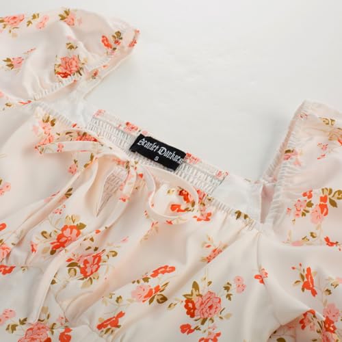 Image of Scarlet Darkness Summer Spring Split Floral Corset Midi Dress with Pockets | Elastic Sleeves, Square Neck, Smocked Back, 3 Boned Waist, Zip & Pockets, Thigh Slit. For Daily, Date, Picnic & Garden Party