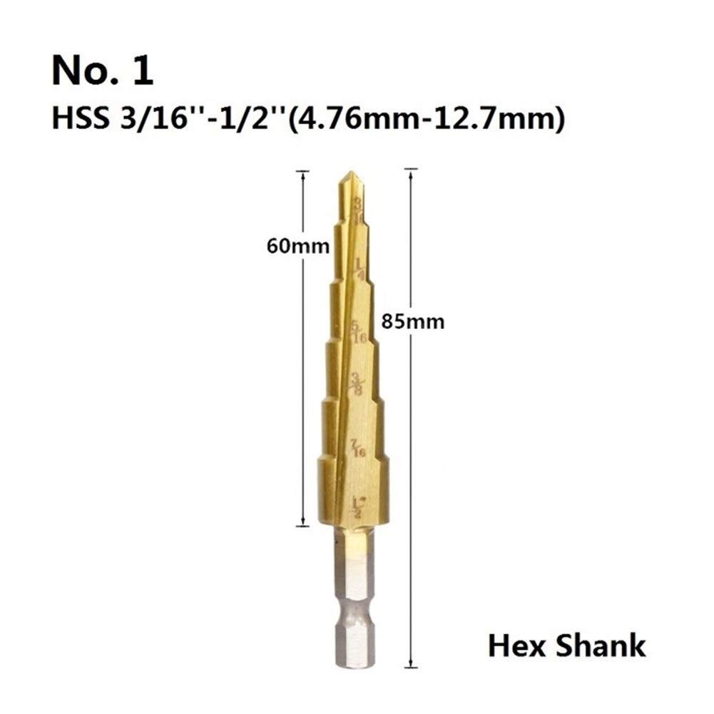 BATLAM Punte a Gradino da 1/8"-3/4" in Pollici Punta da Trapano HSS ne Rivestita in Titanio Punta da Trapano per Fori in Legno/Metallo Trapano a gradini (Colore : Round Set with Bag) (No.1 3i16 1i2)
