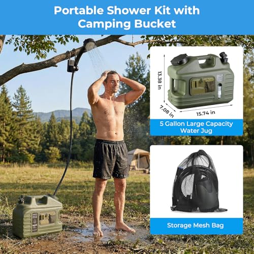 Kit de Ducha Portátil para Camping con Botella de Agua de 5 Galones, Bomba Recargable de 8000mAh Impermeable IPX8, 5 Modos de Presión, Contenedor de Agua Libre de BPA para Camping, Senderismo, Playa, Baño de Mascotas, Lavado de Autos miniatura 6