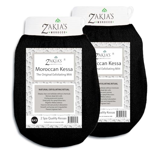 Moroccan Kessa Exfoliating Glove - Value Pack (2 piece) Black- Microdermabrasion exfoliating mitts Removes unwanted dead skin dirt and grime and Keratosis Pilaris. Great for spray tan removal.