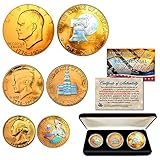 1976 Bicentennial Genuine 24K Gold Plated & Prism Hologram U.S. Coin Set JFK Half Dollar / IKE Dollar / Quarter Dollar 3-Coin Collection with Display Box