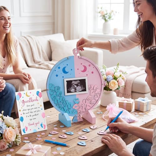 Image of Kosiz Gender Reveal Baby Shower Guest Book, Pink and Blue Footprints Acrylic Guest Book Alternative for 60 Guests, Baby Shower Sign and Nursery Keepsake