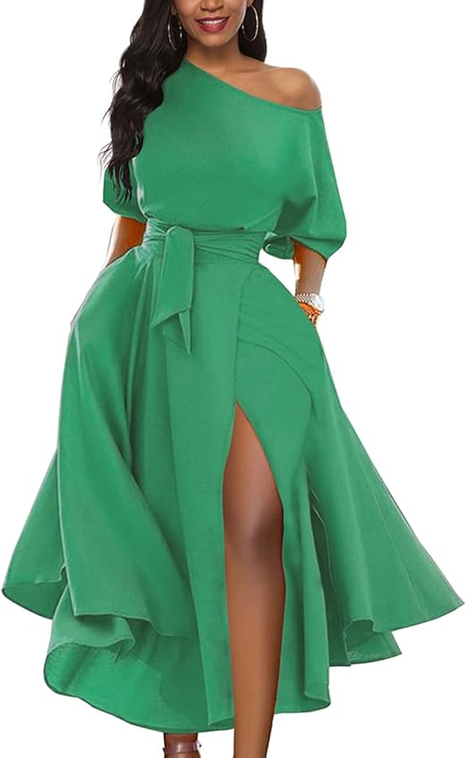 Women’s Elegant Off Shoulder Short Sleeve Belted Side Slit Cocktail Party Swing Dress with Pockets