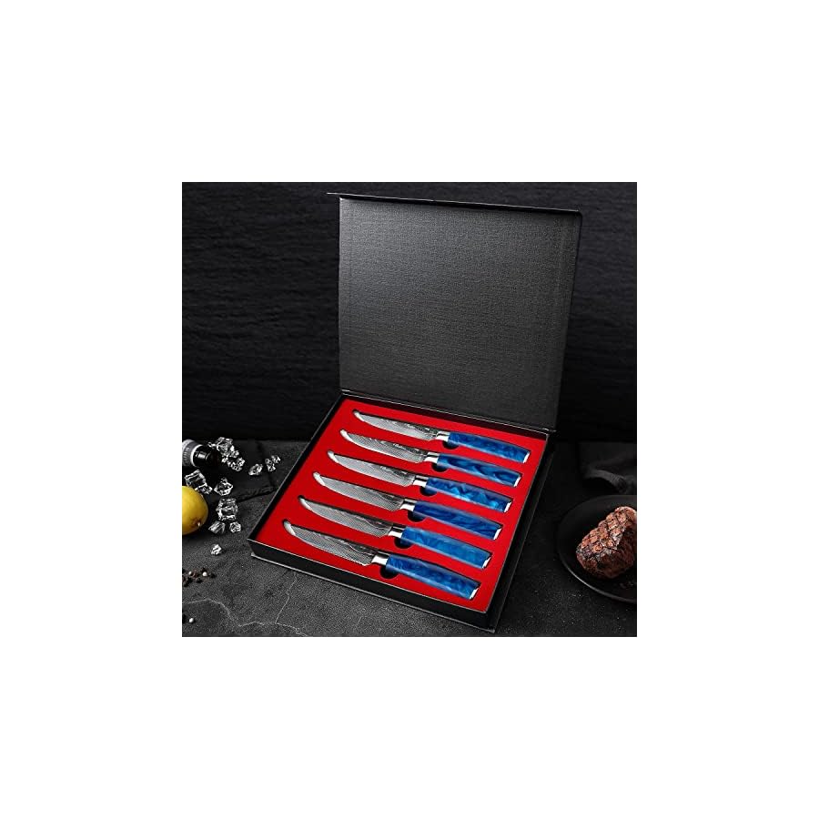 Serrated-Steak-Knife-Set-6pcs-Premium-45-inch-Kitchen-Cutting-Steak-Knives-German-Stainless-Steel-KnifeTable-Dinner-Knife-with-Blue-Resin-Handle-for-Home-Restaurant-Gift-Box Serrated Steak Knife Set - 6pcs Premium 4.5 inch Kitchen Cutting Steak Knives, German Stainless Steel KnifeTable Dinner Knife with Blue Resin Handle for Home Restaurant, Gift Box