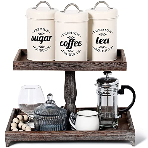Farmhouse Tiered Tray Stand Rustic Wood Decor Holder Farmhouse Wooden Decorative 2 Tier Rectangular Tray Serving Farmhouse Two Tiered Stand For Home Kitchen Cake (Brown) #TOP1