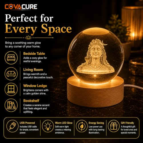 Image of COVACURE 3D Shiv Crystal Ball Night Lamp, Solar System, USB Table Colorful LED Wooden Base Crystal Ball for Home Decoration Birthday Gift for Teens Boys and Girls (Adiyogi)