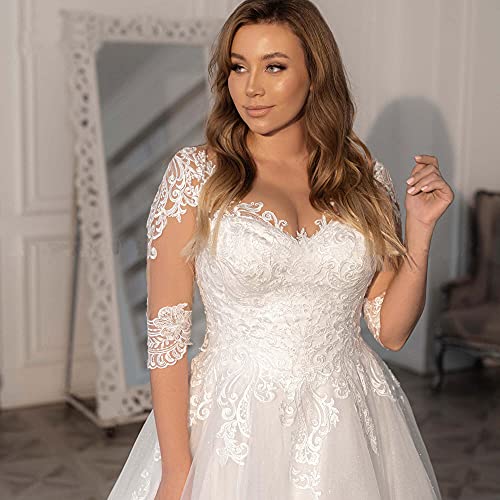 XYAYE Lace Wedding Dresses for Bride with 3/4 Sleeves Puffy Tulle Wedding Gowns V Neck Modest Bridal Gowns for Women3