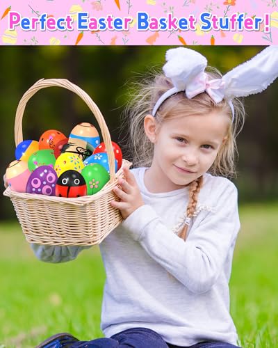 Image of 12 Pack Wooden Percussion Musical Shaker Prefilled Easter Eggs with Toys Inside Filled, Toddlers Easter Basket Stuffers Egg Fillers Montessori Toys Gifts for Kids Boys Girls Babies