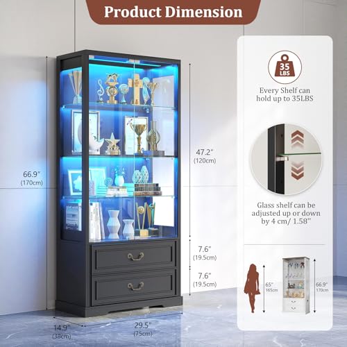 Image of TAGELIER 67 inch Tall Display Cabinet with Glass Doors and 2 Drawers, Black