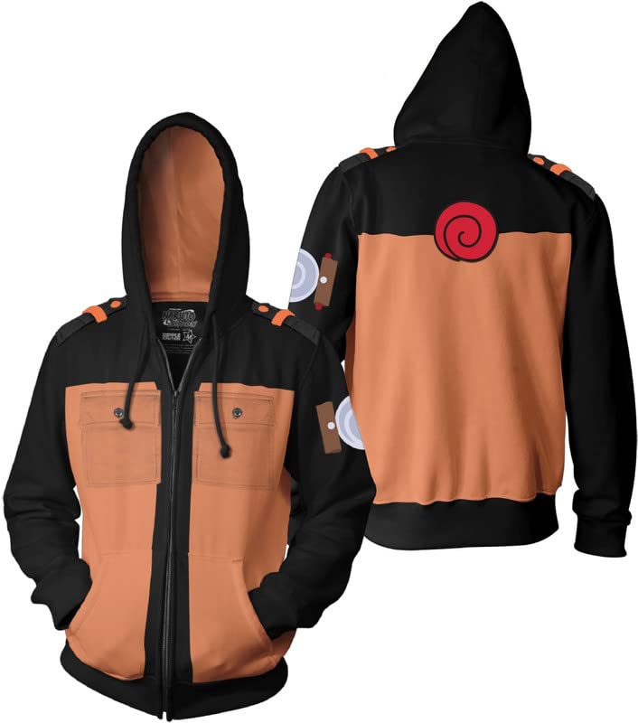 Ripple JunctionNaruto Shippuden Men's Authentic Full Zip Hooded Sweatshirt w/Chest Pockets Black Orange Officially Licensed