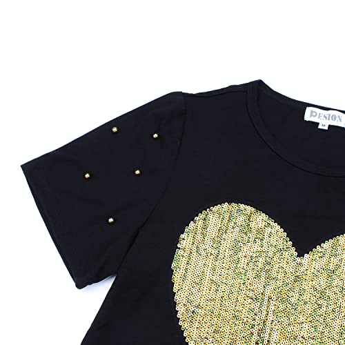 Image of PESION Womens Short Sleeve T-Shirt Sequined Tops O-Neck Funny Graphic Tees Blouse