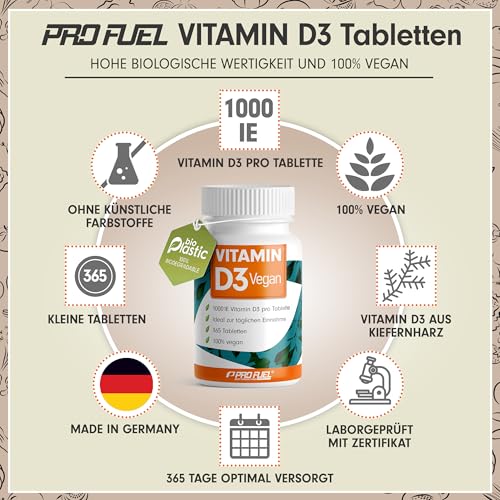 Vitamin D3 VEGAN 1000 IE - 365 Tabletten - Jahresvorrat Vitamin D3 - optimal hochdosiert mit Premium-Rohstoff RAWD3® - für Immunsystem und Knochen - laborgeprüft mit Zertifikat - 100% vegan