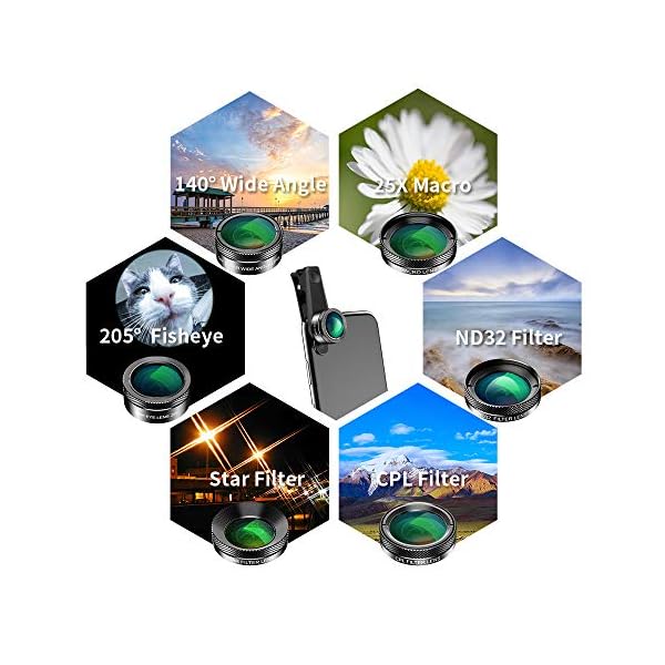 APEXEL 6 in 1 Handy-Objektiv-Kit, Super 205 ° Fischaugenobjektiv + 140 ° Weitwinkelobjektiv und 25x Makroobjektiv + Sternfilter + CPL/ND für iPhone Samsung und die meisten Smartphones Black – Bild 3