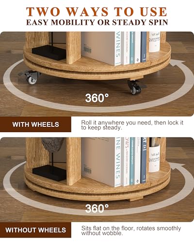 Image of IUNVR 6 Tier Rotating Bookshelf Tower Spinning Bookshelf with Swivel Wheels Book Shelf Rotating Storage Tower for Kids Adult Narrow Solid Wood Revolving Bookcase Organizer for Bedroom Living Room