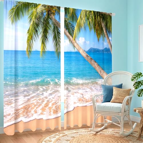 SmoothNovelty 2 Pcs Ocean Beach Curtains for Living Room Tropical Palms Island Summer Beach Curtains 52 x 84 Inches Seaside Maldives Foamy Sea Water Window Drapes Bedroom Party Decor