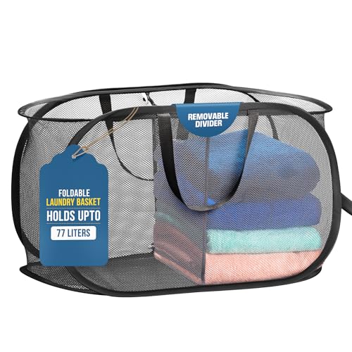 Image of Foldable Laundry Basket - Popup and Collapsible, Durable Mesh Material, Folds for Storage, Easy Carry Handles - Great Hamper for College Dorm, Laundry Room or Travel (Black, 2-Compartments)