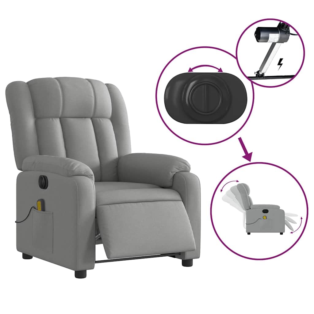 Sillón Reclinable de Masaje Eléctrico, Silla con Respaldo, Sillón Orejero Ajustable, Tela Gris Claro
