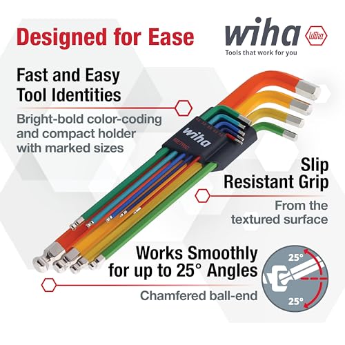 Image of Wiha 66980 Ball End Hex L-Key Set, 9 Piece, Metric, Color Coded, Textured Grip, Includes Holder