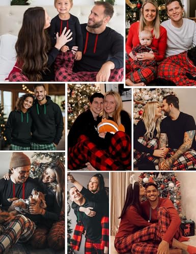 SWOMOG Couples Christmas Matching Pajamas Set Women & Men Long Sleeve Sleepwear Hooded Top Plaid Pants Pjs Men Red XX-Large4