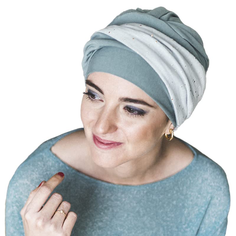 CAREBELL Elegance Aguamarina Gold - Turbante Gorro oncologico de bambú para quimioterapia o Alopecia