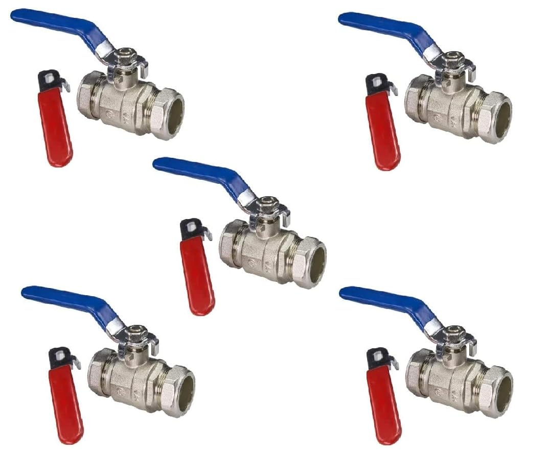 22.5 Team Controls Chrome Tc Pack Of 5 X 28Mm Lever Ball Valve Full Bore Compression Isolation Valve Red/Blue Dual Handle Shut Off Isolating Valve Full Flow - Wras Approved