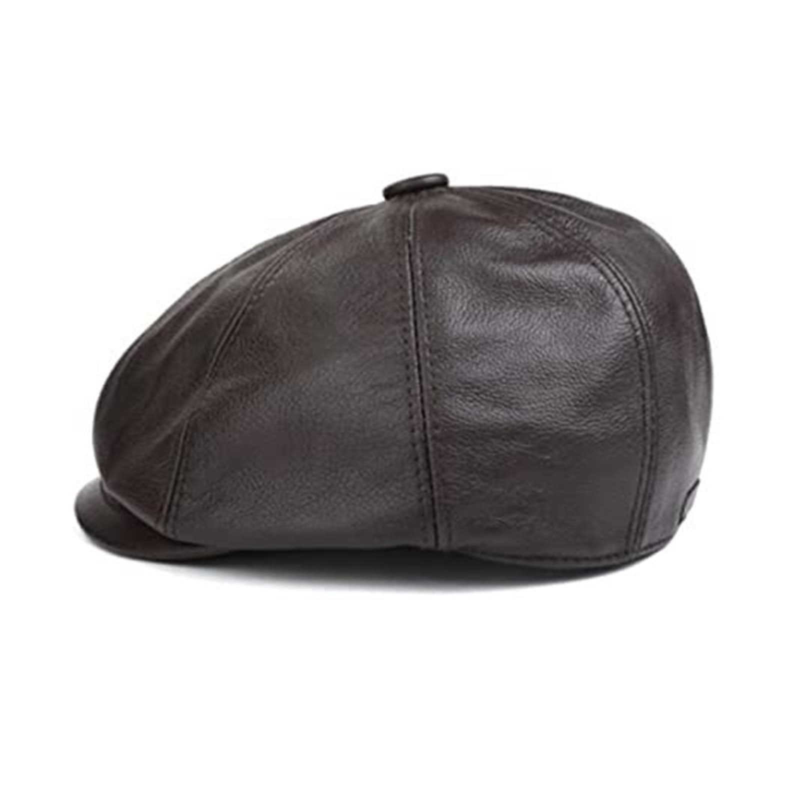 Men's Black Newsboy Cap - Real Leather Cowhide Retro Flat Hat, Warm Casual Octagonal (Yellowish-Brown, XL)(XXL(60-61cm); Dark Brown)