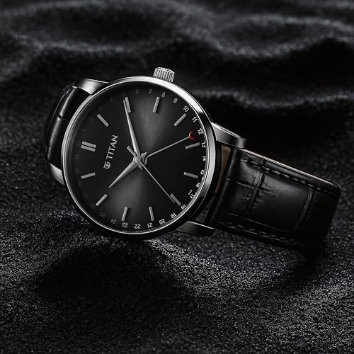 Image of Titan Elegance Analog with Date by Hand and Dark Grey Dial Black Leather Strap Watch for Men - 90202SL02