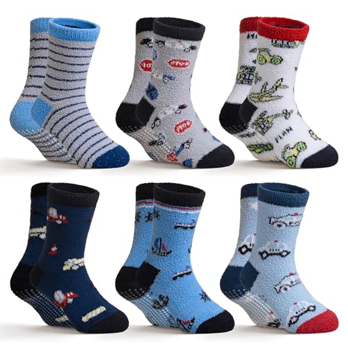 DoSmart Kids Fuzzy Slipper Socks Boys Girls Toddler Non Slip Warm Fluffy Winter Funny Thick Cozy Grips Socks 6 Pairs (Airplane/Sailboat/Cars 4-7 Years)