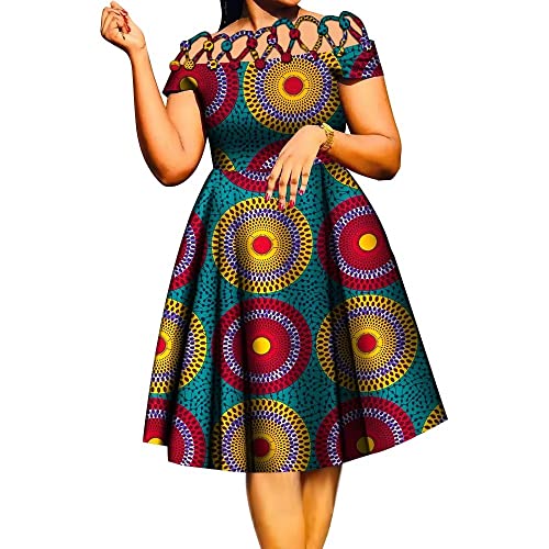 Image of XIAOHUAGUA African Dresses for Women Cotton Cutout Neck Short Sleeve Ankara Dashiki Cocktail Party A-Line Flare Dress