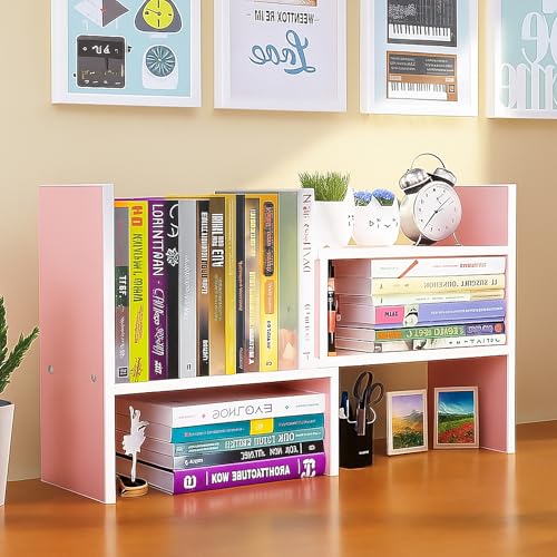 Image of Desktop Shelf Organizer, Adjustable Wood Office Storage Rack, Counter Display Small Bookshelf for Home /Office /School(Pink)