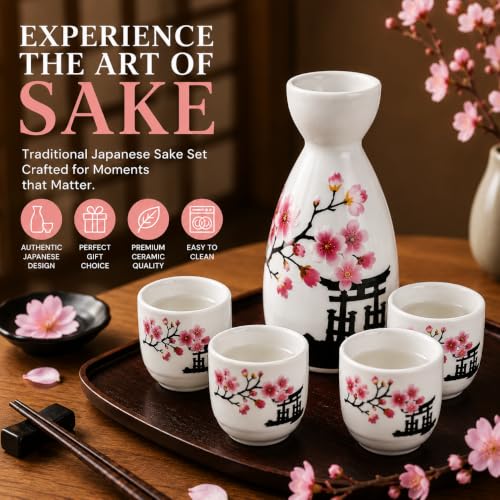 Image of Melbify Japanese Sake Flower Blossom Design Set | 1 Pc Sake Bottle(180 ml) & 4 Pc Sake Cup(45 ml) | Traditional Craftsmen's Hand Painted Design | Sake Serving Set | House Warming Gift | Anniversary